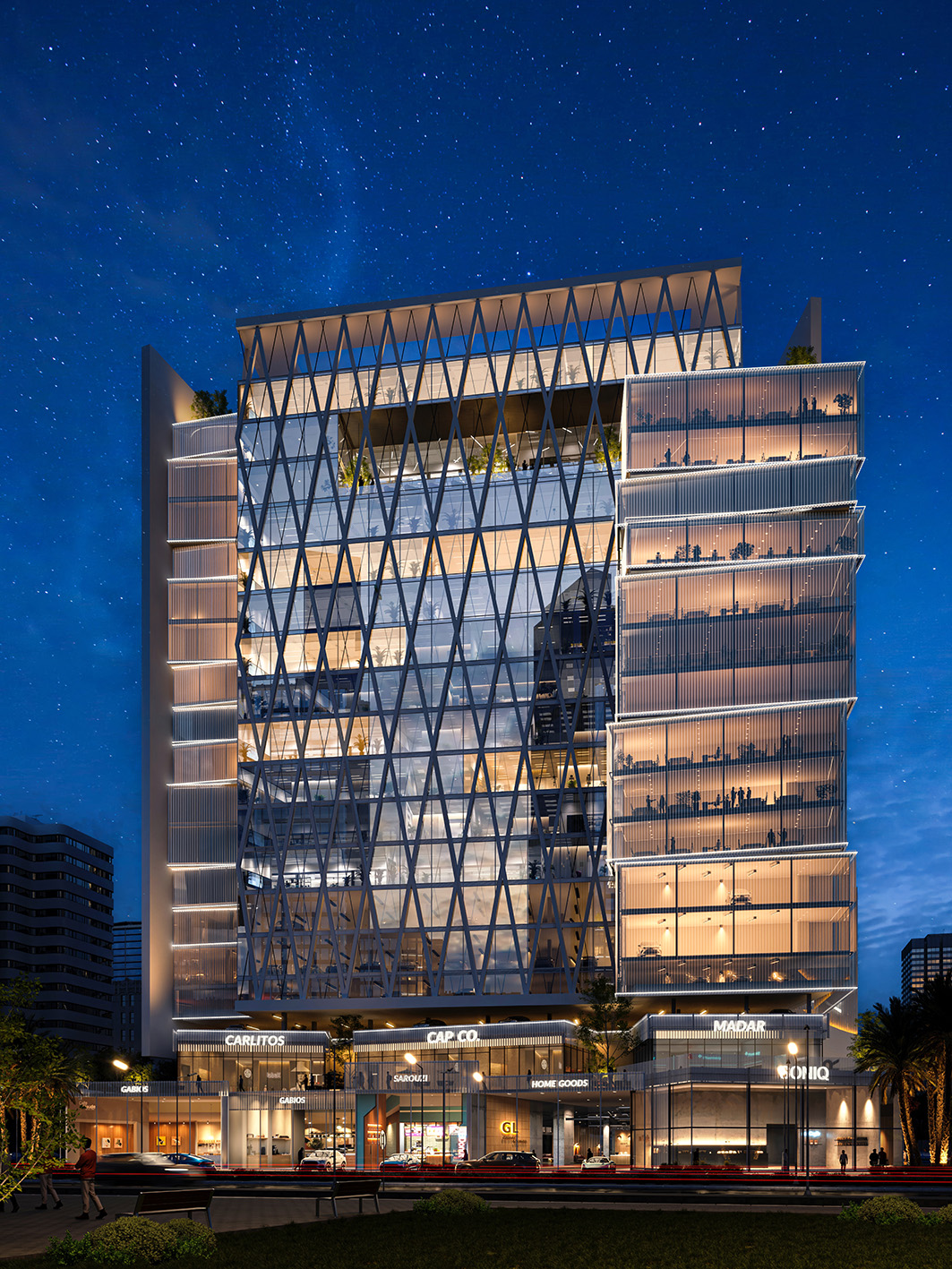 Al-Subhi Tower front elevation showcasing modern vertical massing and façade articulation.