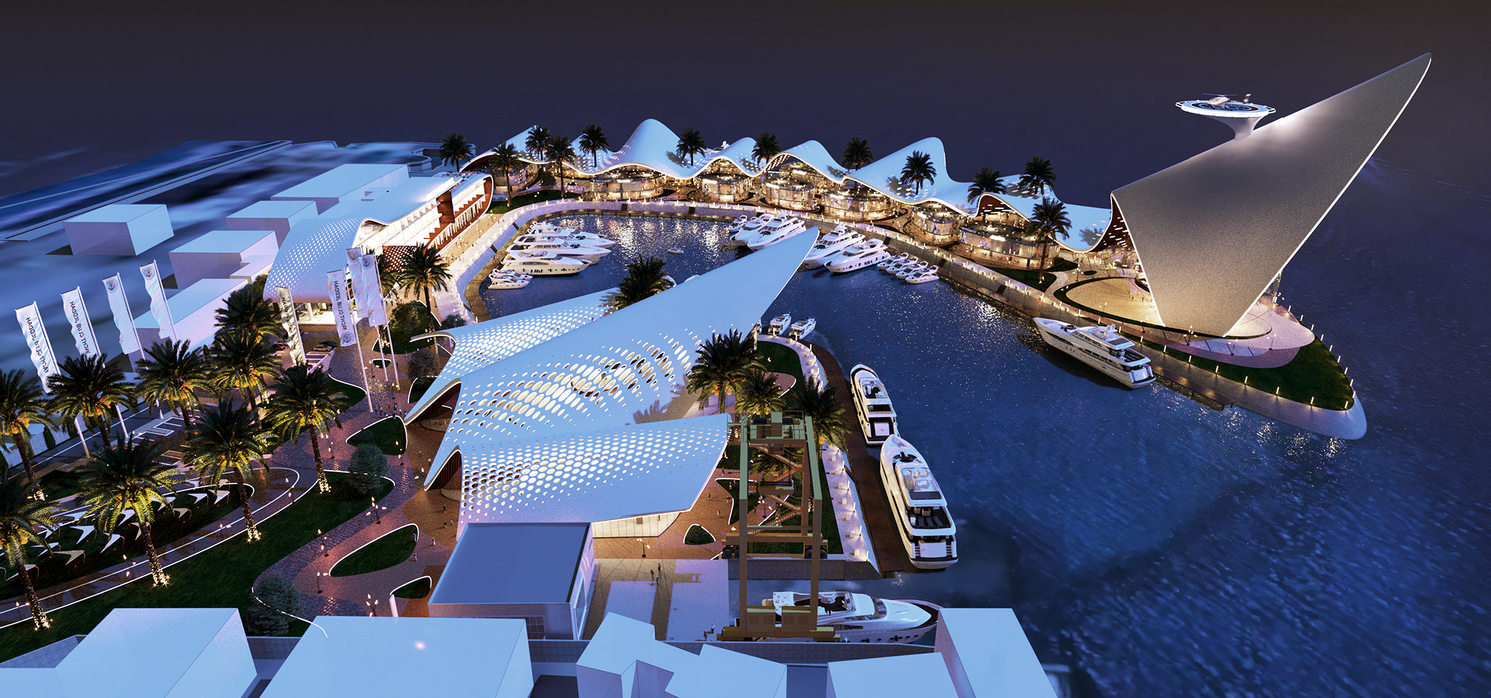 Aerial night view of yacht marina with illuminated docks and water reflections.