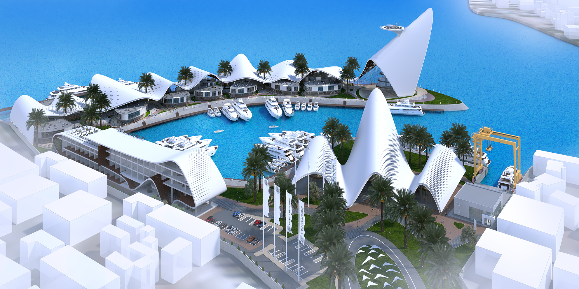 Daytime view of the clubhouse exterior at the yacht marina, showcasing sleek architecture and waterfront integration.