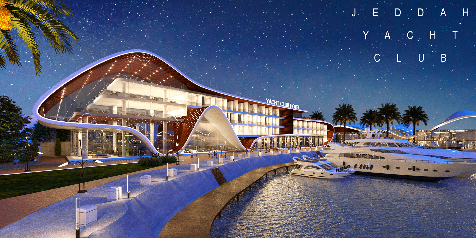 Yacht marina promenade featuring modern landscape design and waterfront walkways.