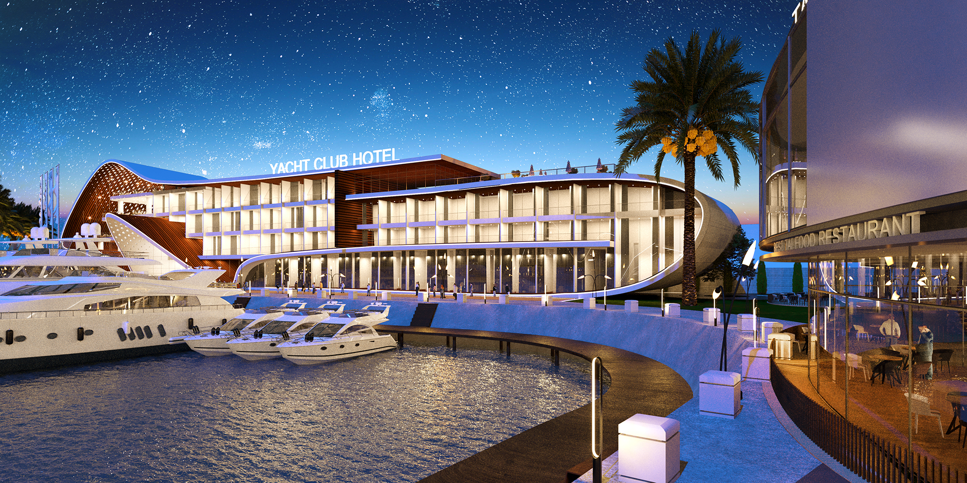 Night view of the yacht marina waterfront showcasing ambient lighting and serene sea reflections.