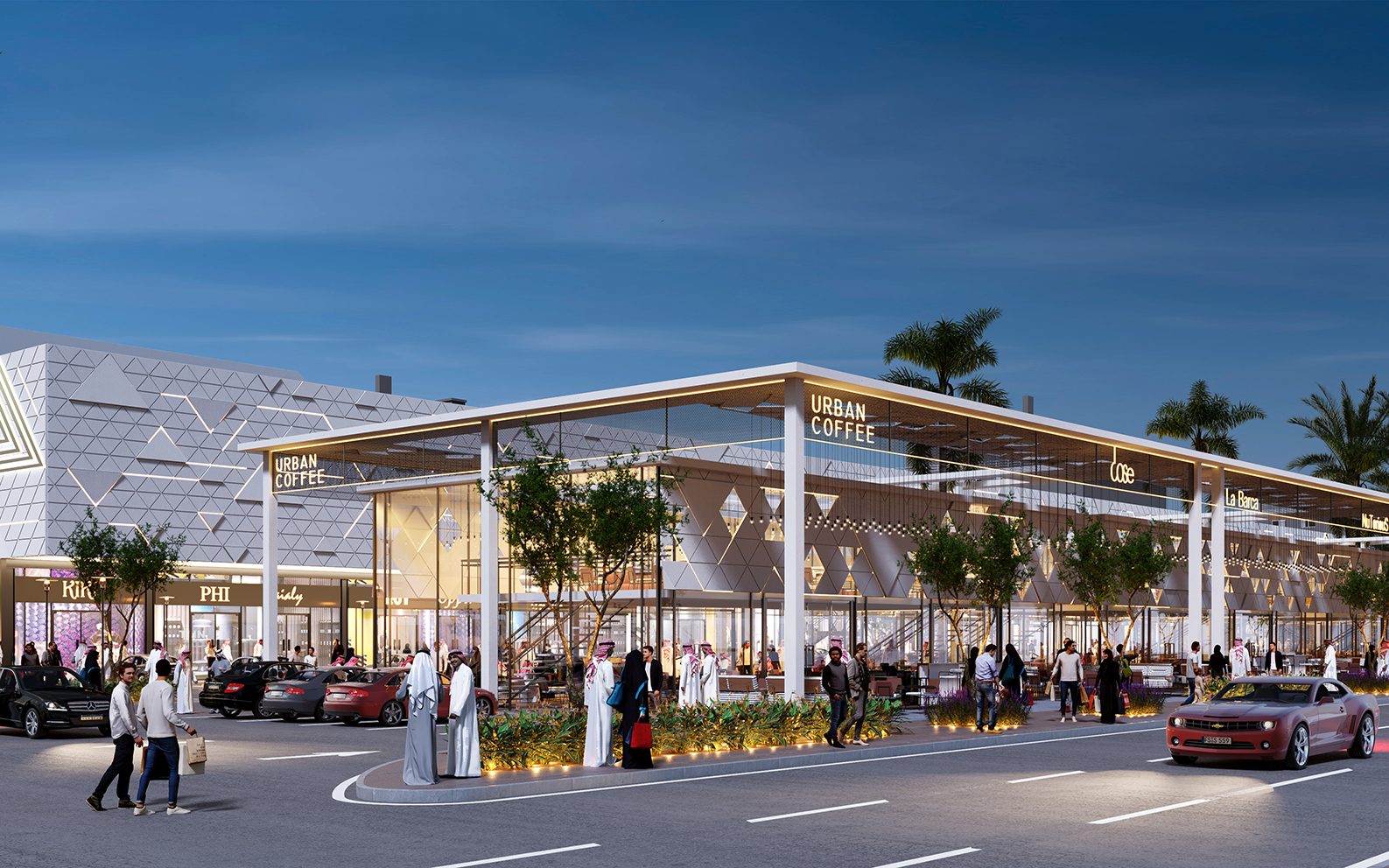 Perspective view showcasing the Alharam Center strip mall with pyramid-inspired facade and adjacent retail spaces