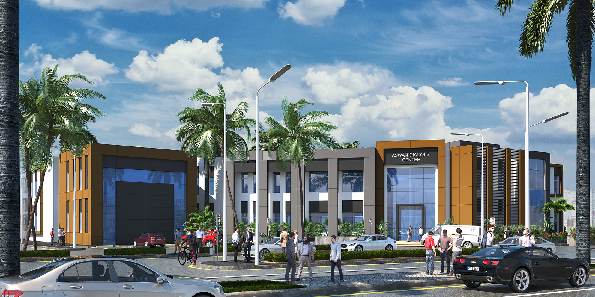 Aswan Dialysis Center facade redesign showing modern architectural elevation with shaded entrance and vertical fins