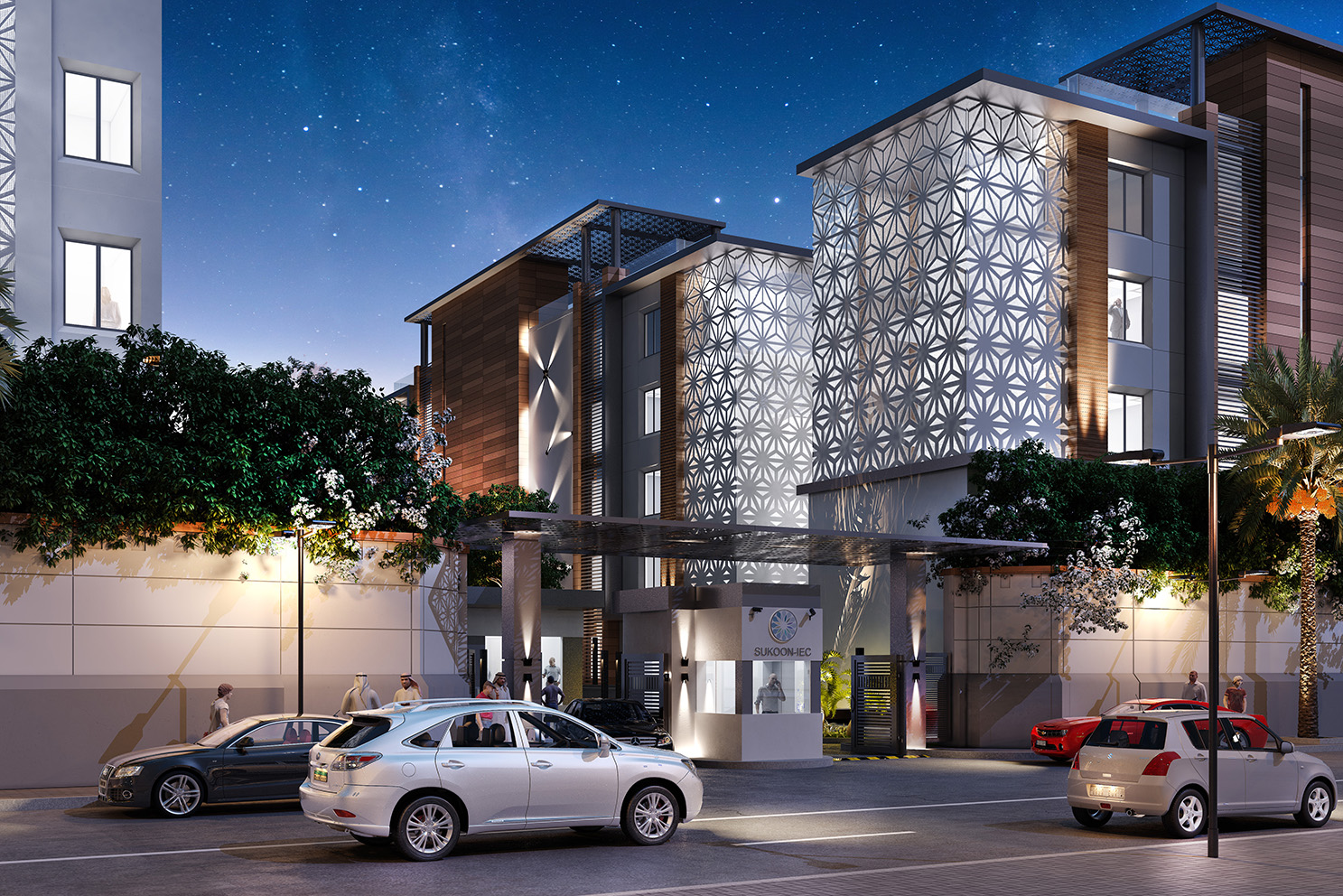 Nighttime exterior lighting illuminating Sukoon Medical Complex façade, enhancing architectural details and creating a welcoming atmosphere.
